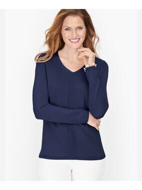 Talbots M Navy Blue Chevron Stitch V-Neck Sweater Coastal Casual NEW
